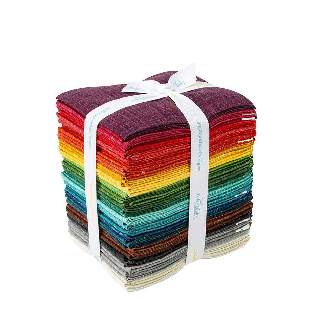 The Grasscloth Cottons Fat Quarter Bundle from Riley Blake Designs features vibrant fabric squares neatly stacked and tied with a white ribbon—perfect for your next quilting or sewing project.