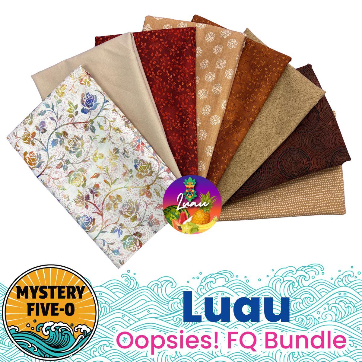 Eight coordinating fat quarters in brown, beige, and floral prints, fan-arranged. Text below reads "Mystery Five-0 Mega Mystery Luau Carmel Latte Oopsies! FQ Bundle" by Quilted Joy with decorative accents and a Mystery Five-O badge.