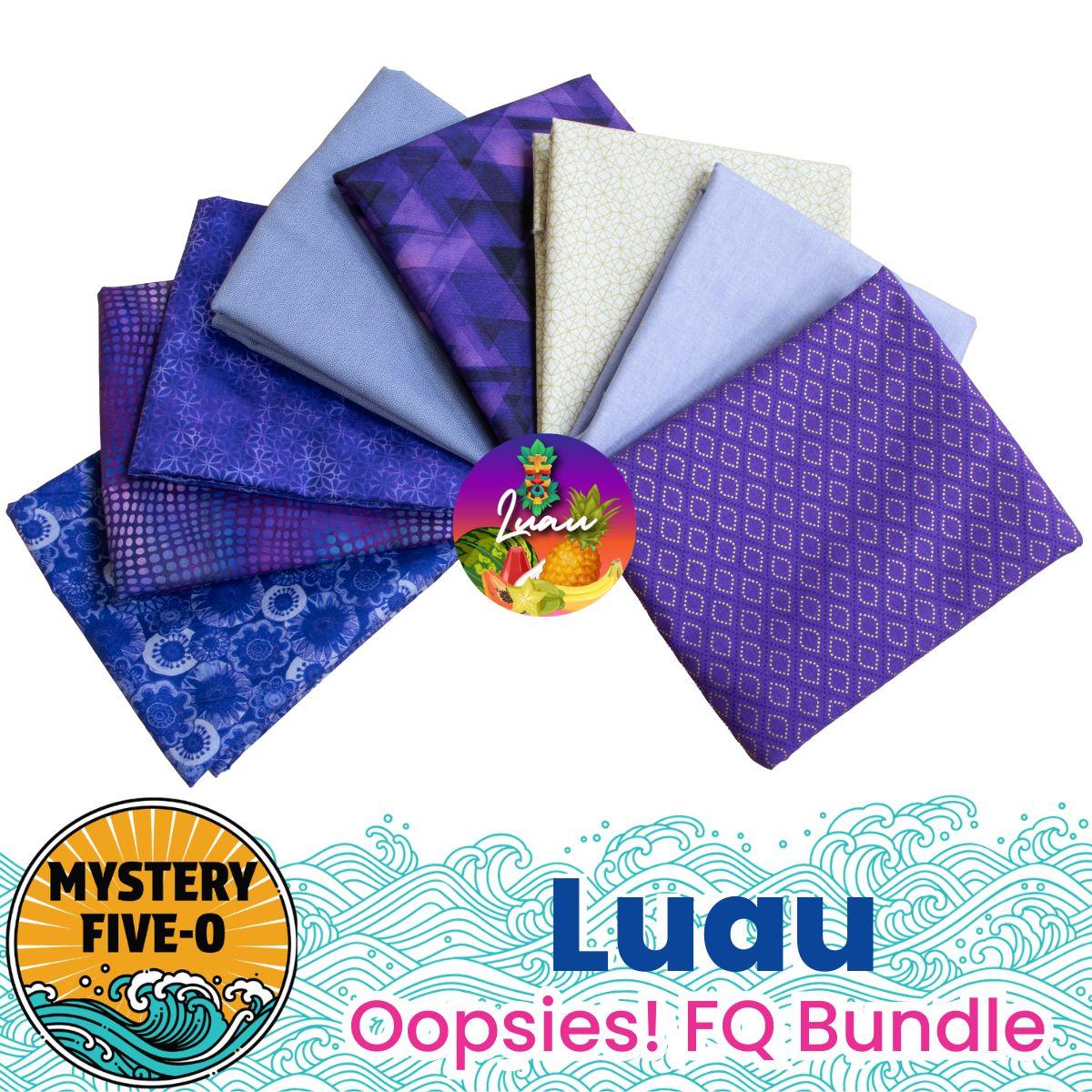 The Quilted Joy Mystery Five-0 Mega Mystery Luau Purpleicious Oopsies! FQ Bundle includes 8 coordinating blue and purple fat quarters, perfect for the quilt project, featuring wave graphics and a floral logo on the label.