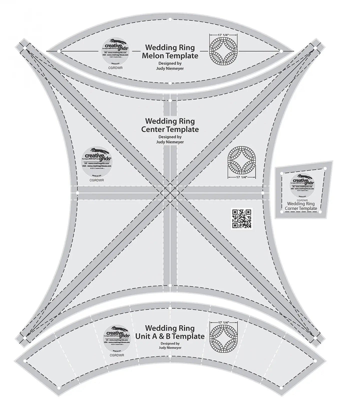 The Creative Grids Double Wedding Ring Templates Quilt Ruler set includes labeled white templates (Melon, Center, Unit A & B) with black outlines, dashed sewing lines, QR codes, logos, and designer info for precise quilt making.