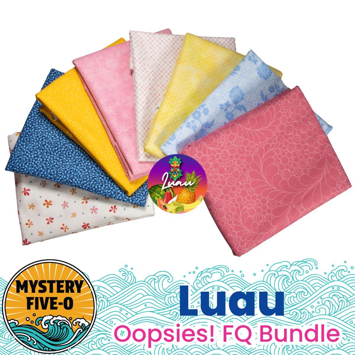 A fan-shaped bundle of ten colorful patterned fat quarters by Quilted Joy features the “Mystery Five-0 Mega Mystery Luau Golden Flowers Oopsies! FQ Bundle”—perfect for any quilt project.