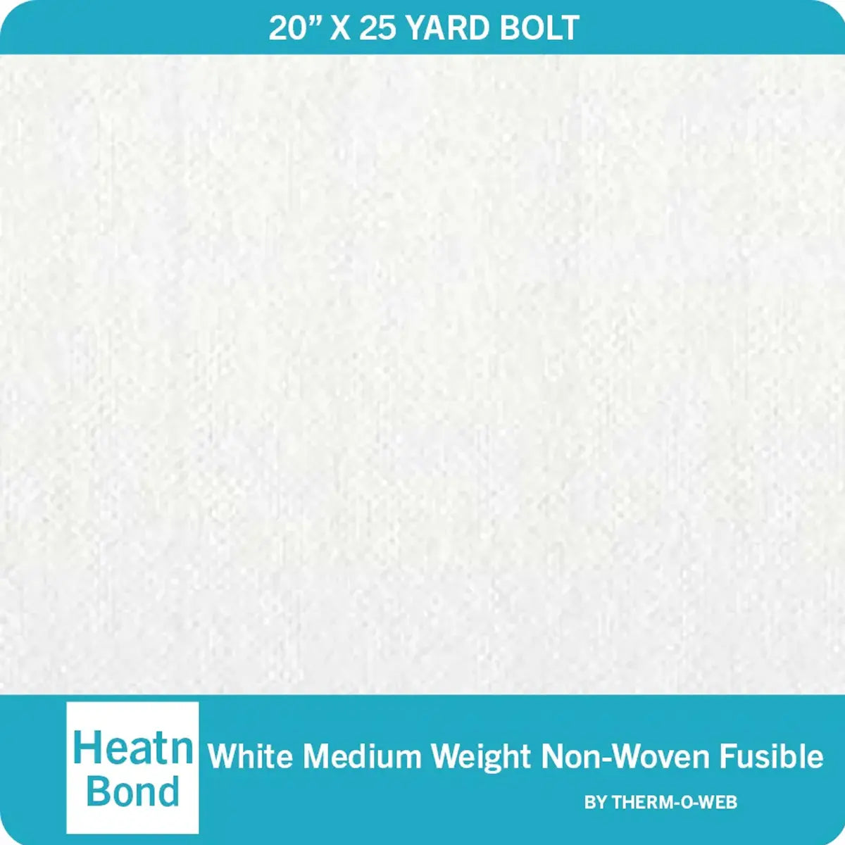 A white rectangular section of non-woven fusible interfacing is shown above a blue label for Heat N Bond Non-Woven Medium Weight White Fusible Interfacing, 20" wide.