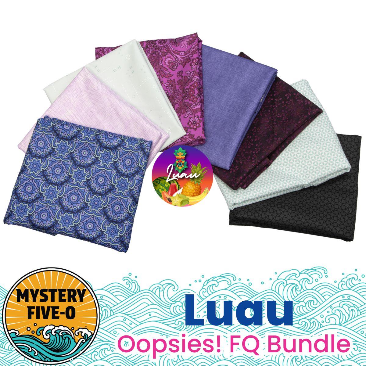 Eight vibrant fat quarters from Quilted Joy are fanned out, highlighting the coordinating Mystery Five-0 Mega Mystery Luau Violet Orchard Oopsies! FQ Bundle. Text: “MYSTERY FIVE-O,” “Luau,” and “Oopsies!” with a floral pineapple icon in the center.