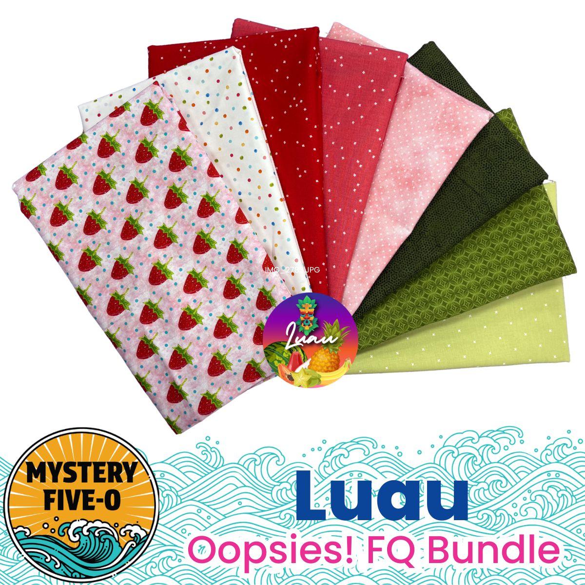 A fan-shaped bundle of colorful fat quarters in red, pink, white, and green patterns. The Quilted Joy Mystery Five-0 Mega Mystery Luau Berry Sweet Oopsies! FQ Bundle brings a tropical quilt theme.