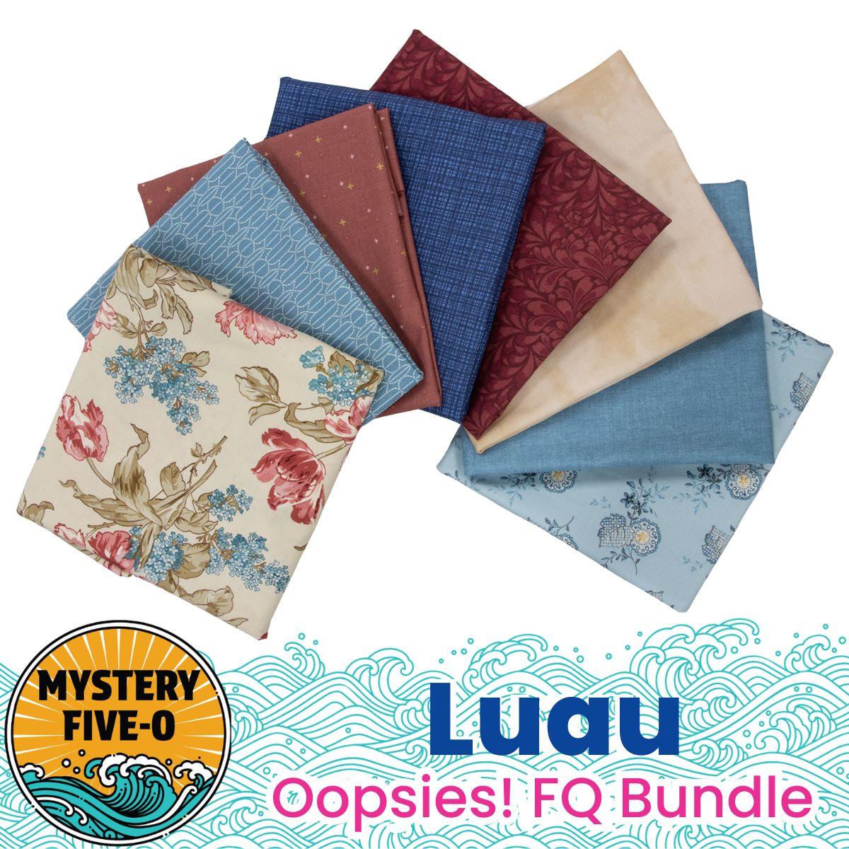 A fan-shaped bundle of floral and geometric fat quarters. Text reads: Quilted Joy Mystery Five-0 Mega Mystery Luau Blue and Blush Botanicals Oopsies! FQ Bundle—perfect for your next tropical quilt project.