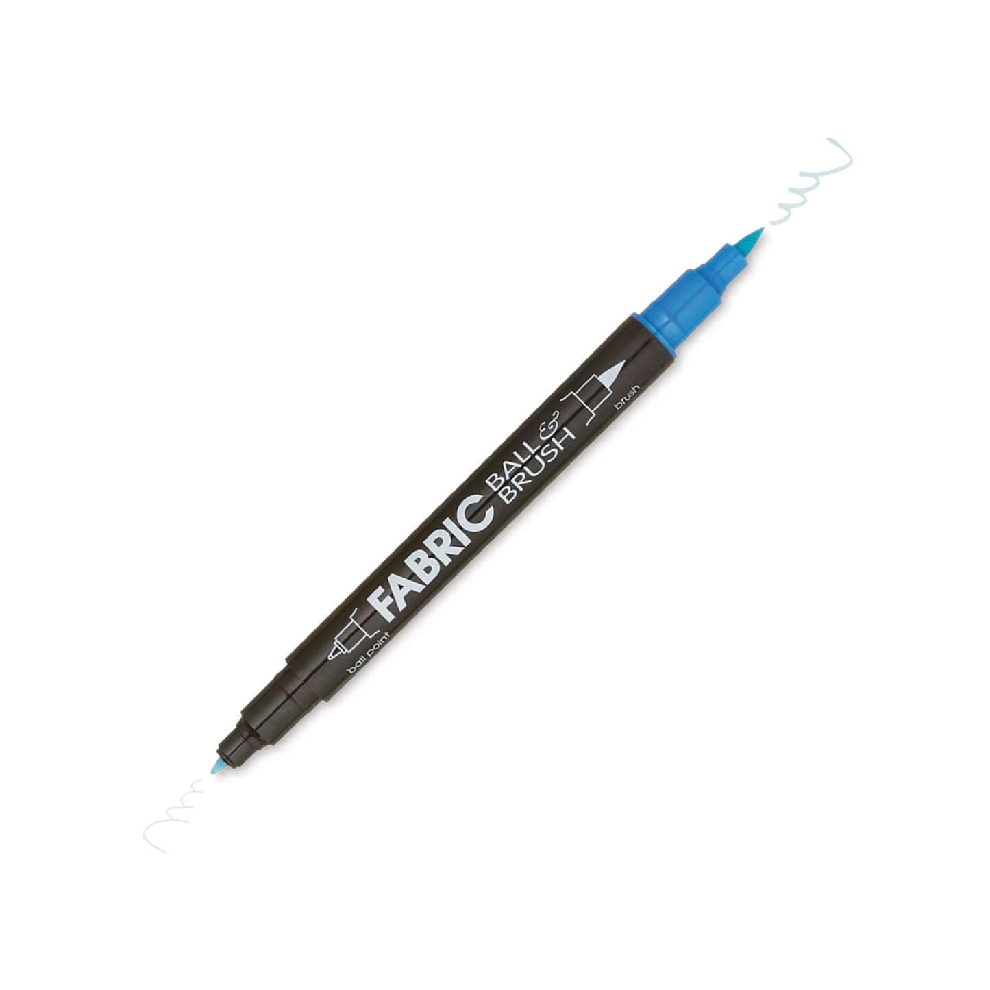 The Marvy Fabric Ball & Brush Marker by United Notions is a double-ended marker with a black body and blue caps that creates light blue wavy lines from both ends on white fabric.