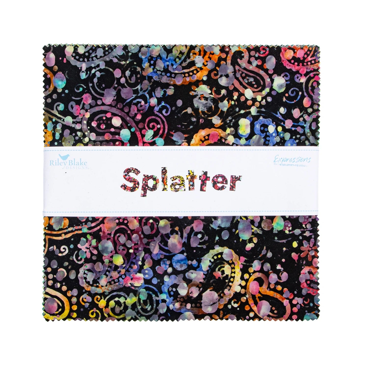 The Splatter Batiks 10" Stacker by Riley Blake features precut fabric pieces with colorful splatter and paisley patterns on black—perfect for your next creative project.