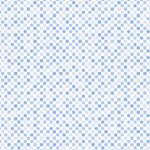 Square Dots Blue Fabric Yardage features alternating light blue squares and dots on white, creating a soft geometric grid—perfect for adding modern style to your fabric projects.
