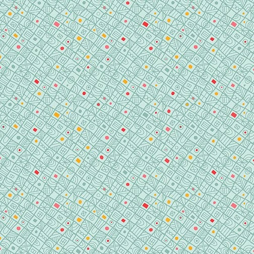A seamless geometric pattern inspired by Playful Geo Teal Fabric Yardage, featuring thin lines forming squares, circles, and triangles on a light blue background with scattered yellow, white, and red dots.