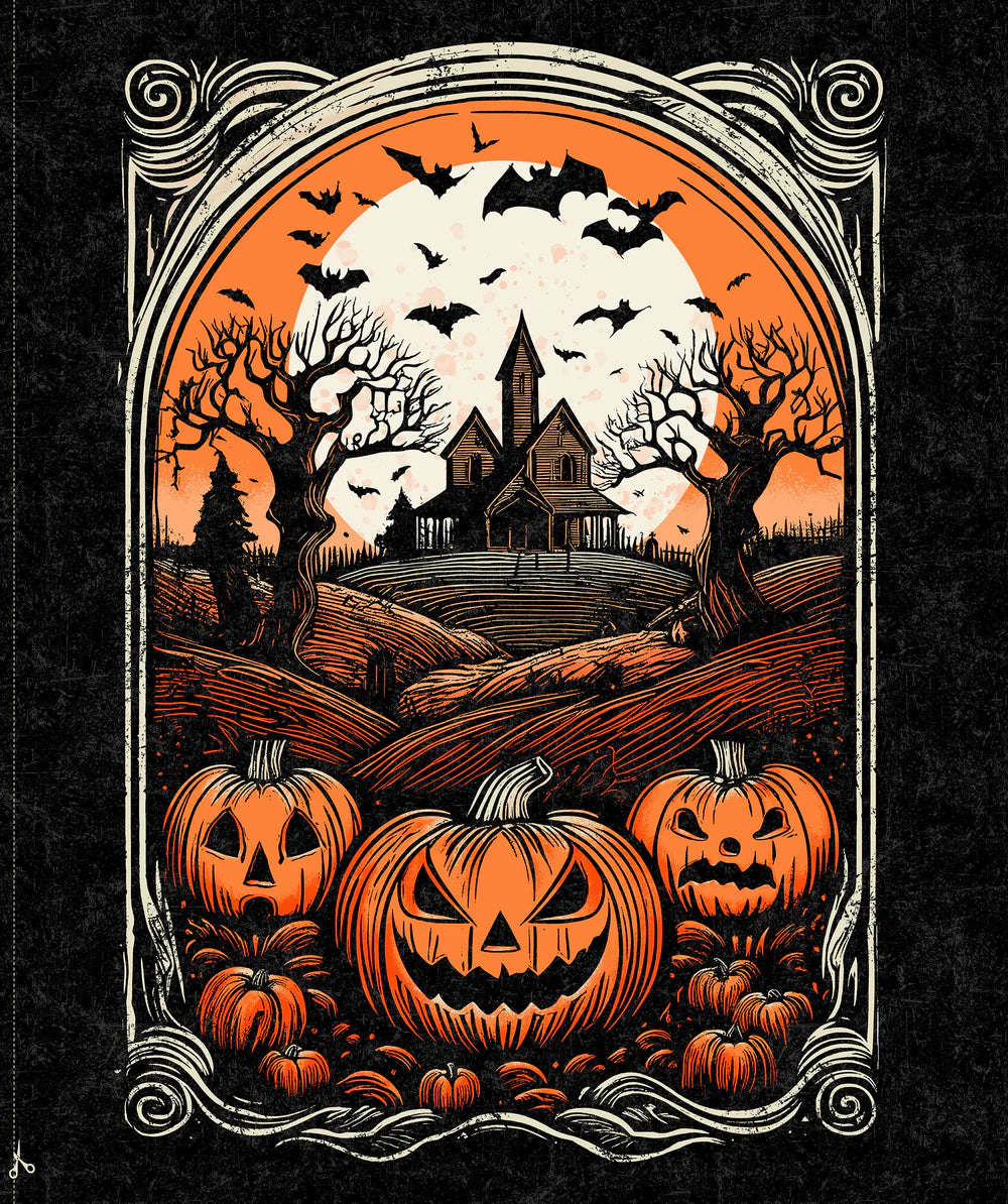Illustration of a haunted house with bats, twisted trees, and jack-o-lanterns in ornate Halloween style—perfect as the Haunted Hollow 36" Panel by Northcott for quilting cotton or a featured Halloween quilt fabric print.