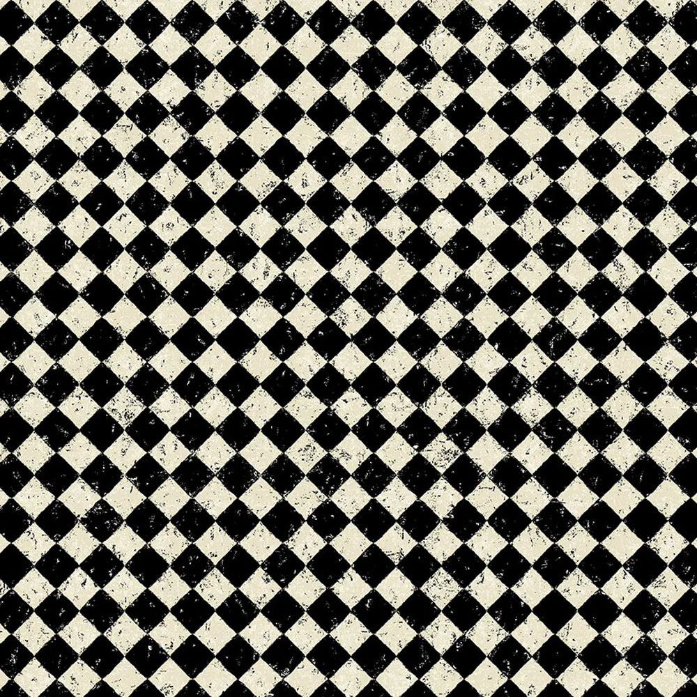 Haunted Hollow Black and Bone Distressed Checker Fabric Yardage by Northcott features a black and white checkered diamond pattern with a grunge texture, perfect for adding vintage flair to Halloween quilting projects.