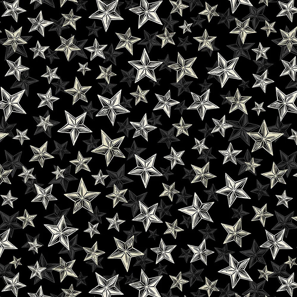 Haunted Hollow Nightfall Stars Fabric Yardage by Northcott features hand-drawn white and beige outlined stars on black—perfect for Halloween quilting projects and inspired by the enchanting style of the Haunted Hollow collection.
