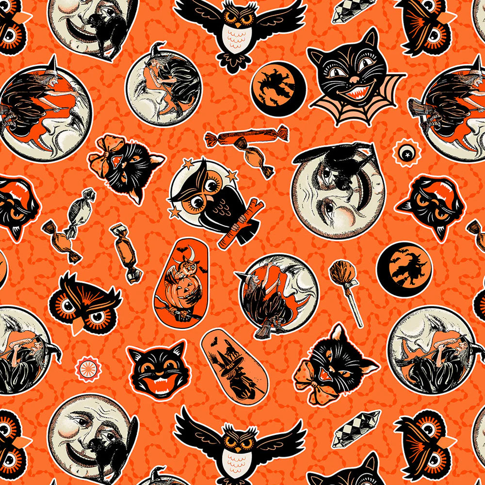 Haunted Hollow Beggars Night Ephemera Fabric Yardage by Northcott features vintage black cats, owls, bats, witches, full moons, and candies on orange with wavy lines—ideal Halloween quilting fabric for festive projects.