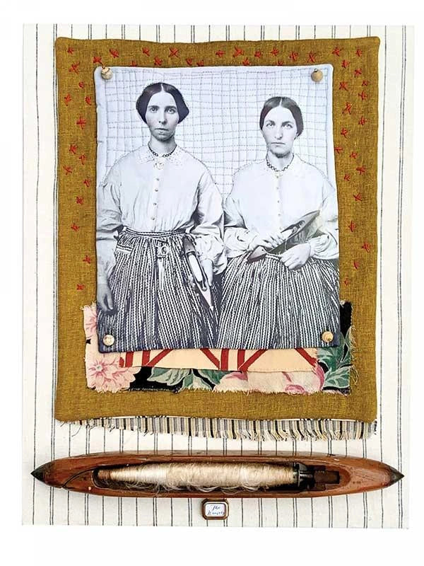 Photo Memory Quilts displays a black-and-white photo of two women with textile tools, transferred onto patterned fabric and accented with a wooden weaving shuttle holding thread.