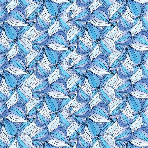 Fantasy Garden Pods Blue Fabric Yardage features a seamless pattern of overlapping stylized blue and white leaves, offering an abstract, textured design with detailed lines and tonal variation.