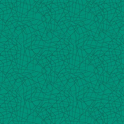 Stitchy Threaded Lines Dark Teal Fabric Yardage features a seamless teal pattern with overlapping, irregular dark green lines, creating an abstract, tangled web inspired by Benartex designs.