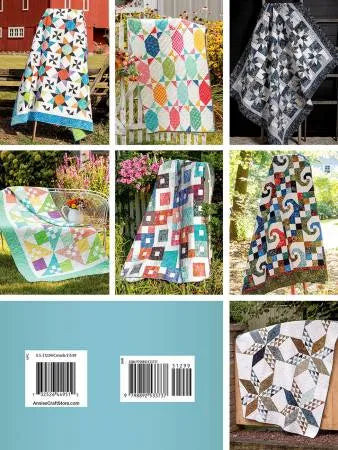 A collage of seven colorful "Forever Fabulous Fat Quarter Quilts" displayed outdoors on fences and bushes, each with unique patterns, against a blue background with two barcodes at the bottom.