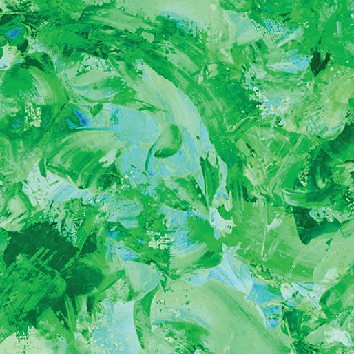 Abstract art with swirling green and blue brushstrokes evokes the dynamic texture of foliage, reminiscent of Benartex Paint Splash Kelly Green 108" Wide Quilt Backing Fabric.
