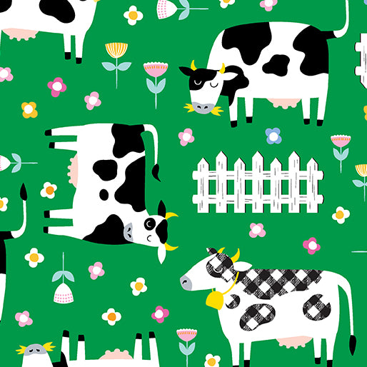 Barnyard Rules Green Cows Fabric Yardage