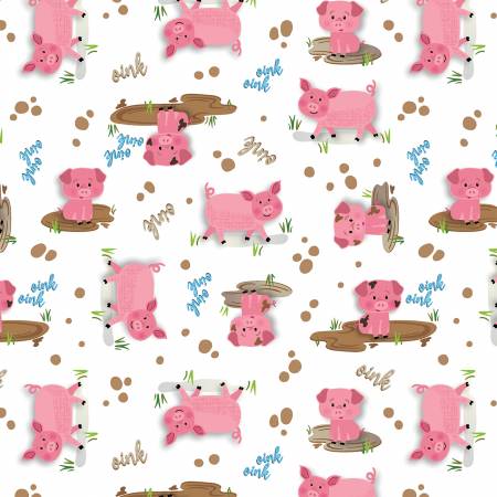 Barnyard Rules White Hog Heaven Fabric Yardage