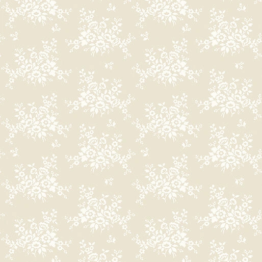 Benartex Classic Keepsakes Ecru Mini Floral Bouquet Fabric Yardage features a seamless beige background with delicate white florals in a soft, vintage pattern—ideal for elegant ecru cotton fabric projects.