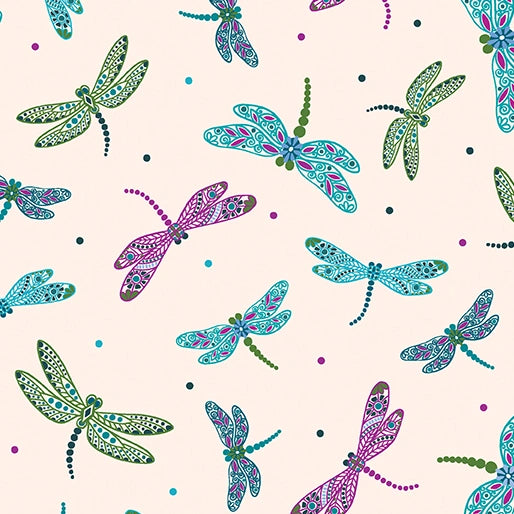 Jacobean Garden Cream Bejeweled Dragonfly Fabric Yardage - quilt fabric for sewing and quilting projects