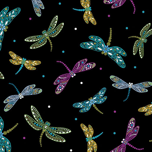 Jacobean Garden Black Bejewed Dragonfly Fabric Yardage - quilt fabric for sewing and quilting projects