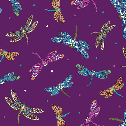 Jacobean Garden Purple Bejeweled Dragonfly Fabric Yardage - quilt fabric for sewing and quilting projects