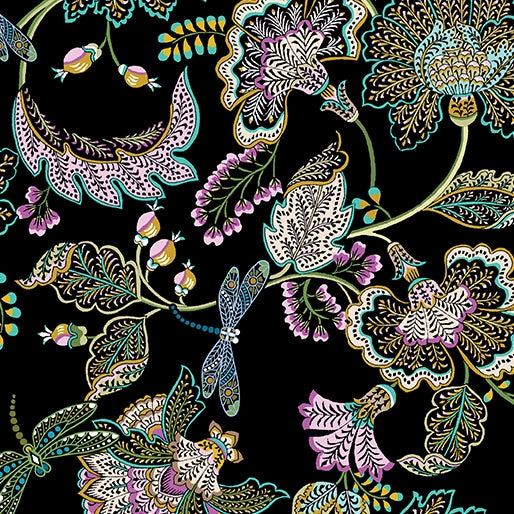 Jacobean Garden Black Garden Serenade Fabric Yardage - quilt fabric for sewing and quilting projects