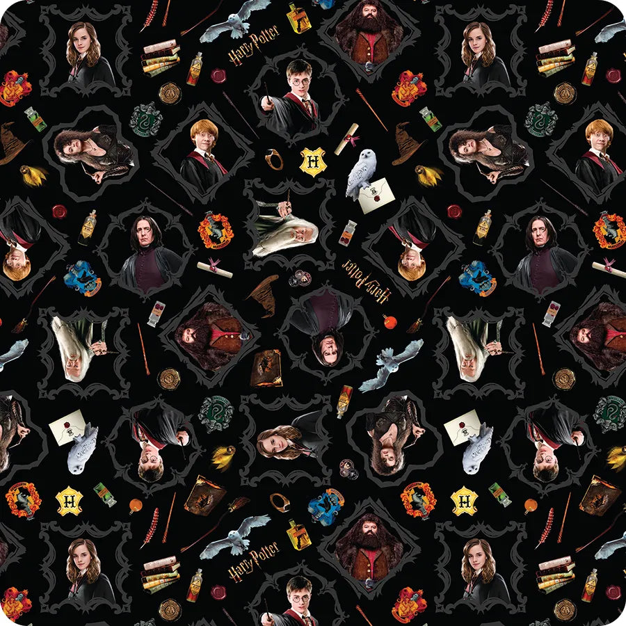 Benartex's Harry Potter Black Magic 108" Wide 3 Yard Quilt Fabric Back Pack showcases iconic characters, magical creatures, wands, and symbols on a black background—ideal for creating stunning Harry Potter-themed quilts or decor.