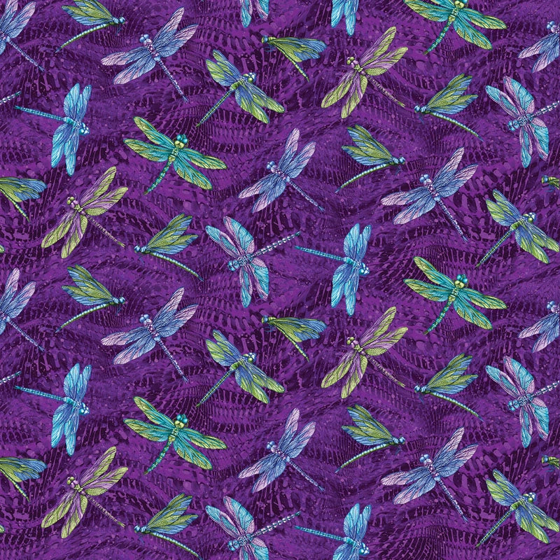 The Dragonflies Take a Spin Quilt Backing Kit Purple Dragonfly by Quilted Joy features a vibrant pattern of blue, green, and purple dragonflies on a deep purple background—perfect cotton backing for your next quilting project. PRESALE available!.