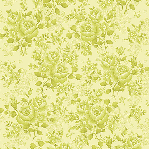 Climbing Rose Lime 108" Wide Quilt Backing Fabric by Benartex features a light green floral design with large roses and leaves on a pale yellow background, perfect for adding a vintage touch to any quilting project.