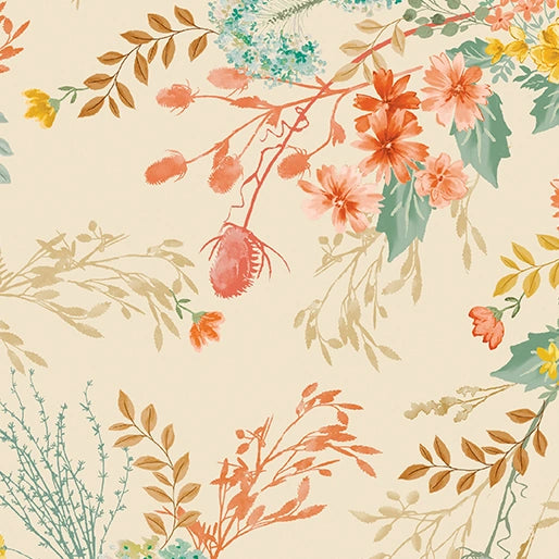 The Benartex Montgomery Mountain Charm Floral Cream/Multi 108" wide quilt backing fabric features orange, yellow, blue, and beige flowers with delicate branches on a light cream background—ideal for seamless quilt backs.