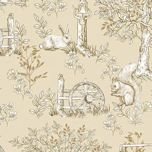 Benartex Montgomery Mountain Charm Sand Belle Toile 108" wide quilt backing fabric features a beige and white cotton pattern with rabbits, squirrels, wheels, trees, fences, and greenery—ideal for quilt backs.