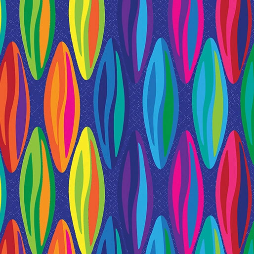 Kaleidoscope Metamorphosis Dark Blue Multi 108" Wide Quilt Backing Fabric by Benartex features vibrant, overlapping leaf patterns on dark blue, adding energy and color—ideal for striking quilt backings.