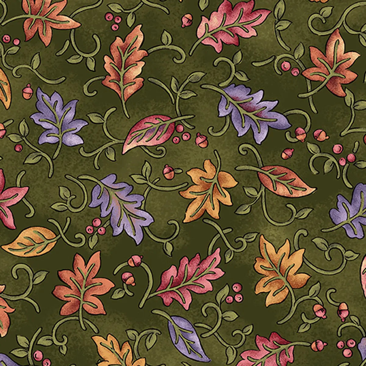 Autumn Breeze Green Dancing Leaves Fabric Yardage