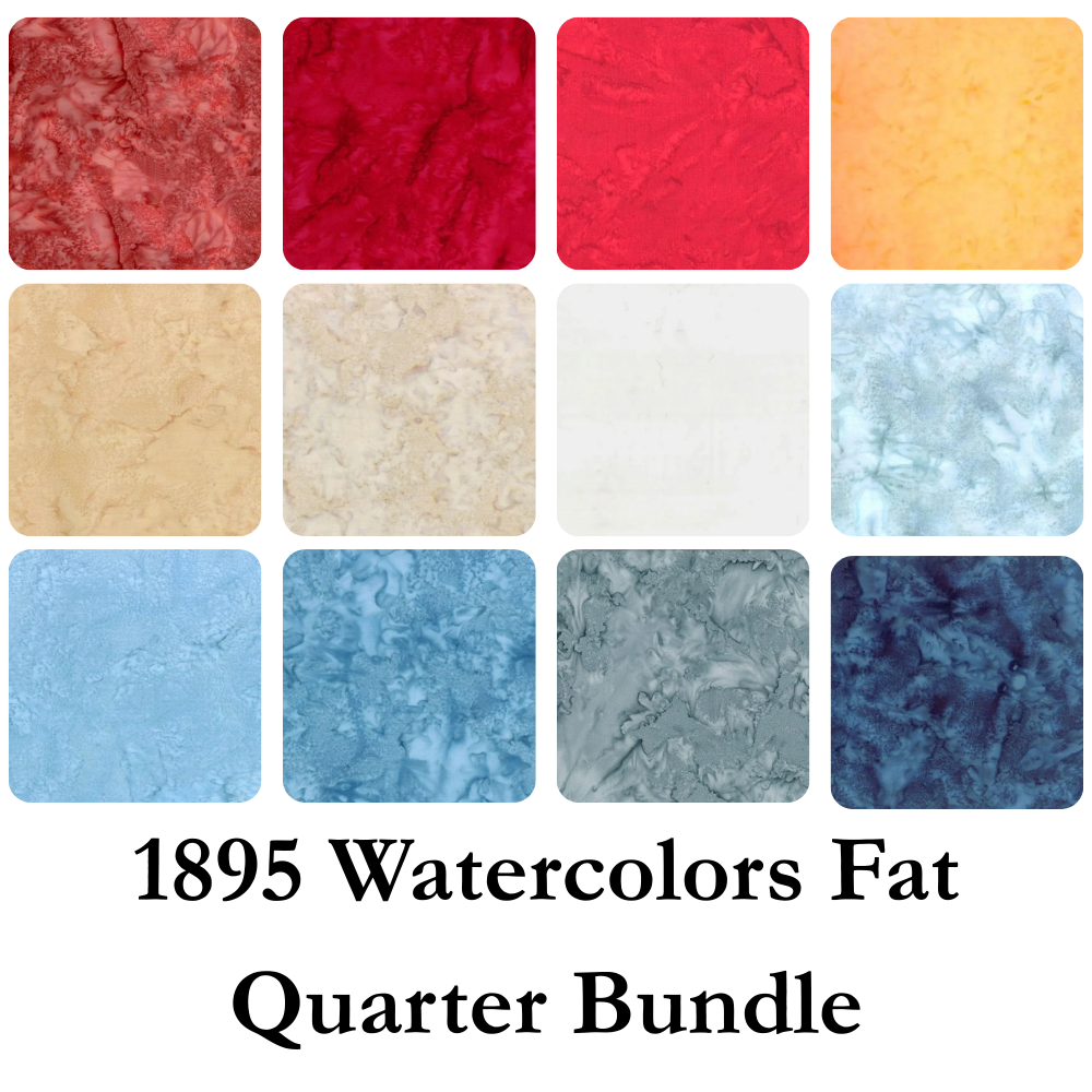 The 1895 Watercolors Fat Quarter Bundle by Hoffman Fabrics features twelve quilting fabric swatches in a 3x4 grid, each with a watercolor texture in reds, yellows, creams, blues, grays, and navy.