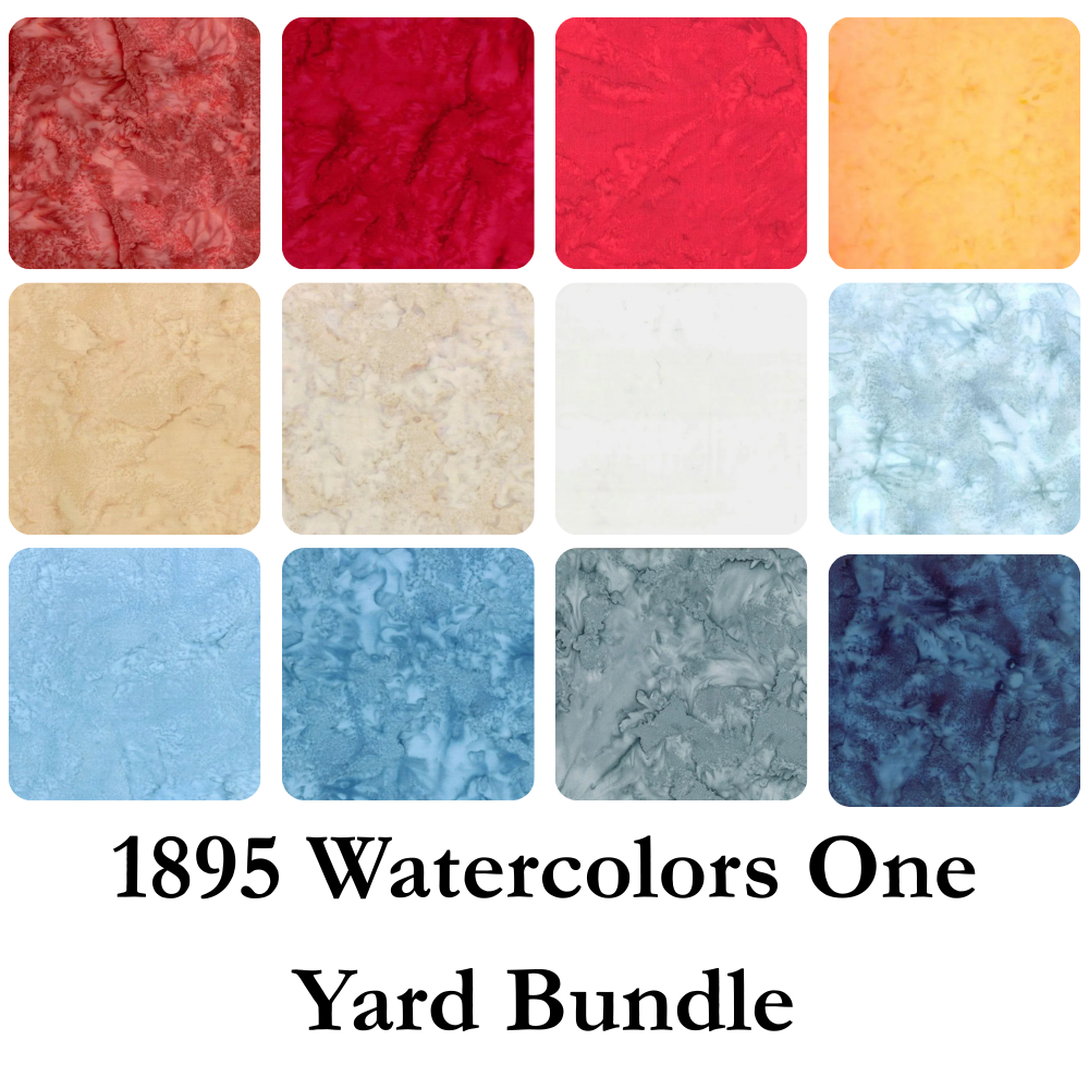 Twelve vibrant, soft watercolor fabric swatches from Hoffman Fabrics’ 1895 Watercolors One Yard Bundle arranged in a grid—perfect for quilting projects.
