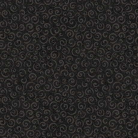 The Quilting Illusions Black Curly Que Fabric Yardage by QT Fabrics features a dark gray background with light gray swirling, dotted paisley-style patterns on 100% cotton, creating an intricate and textured quilting fabric design.
