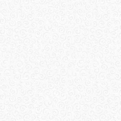 QT Fabrics' Quilting Illusions White Curly Cue Fabric Yardage features a white background with a subtle light gray swirl, creating an elegant texture that’s perfect for 100% cotton quilting projects.