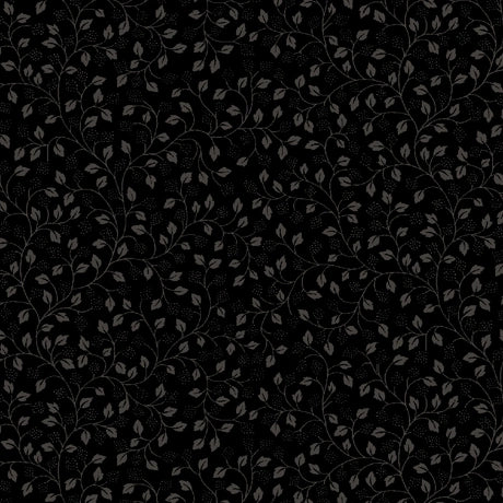 Quilting Illusions Black Leaf Vine Fabric Yardage by QT Fabrics features a seamless black fabric with subtle dark gray leaf and vine patterns, offering an elegant, understated botanical look—perfect for quilting projects.