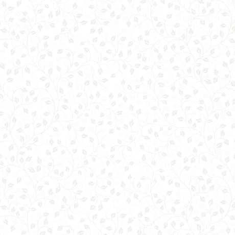 QT Fabrics' Quilting Illusions Leaf Vine Fabric Yardage features a subtle light gray vine and leaf pattern on white, offering a delicate, minimalistic look reminiscent of quilting fabric for an elegant, gently textured appearance.