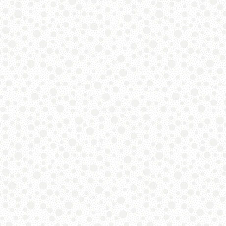 QT Fabrics' Quilting Illusions White Bubbles Fabric Yardage features a seamless pattern of light gray dots on white, creating a subtle, textured look—ideal as blender or quilting fabric for versatile, understated projects.