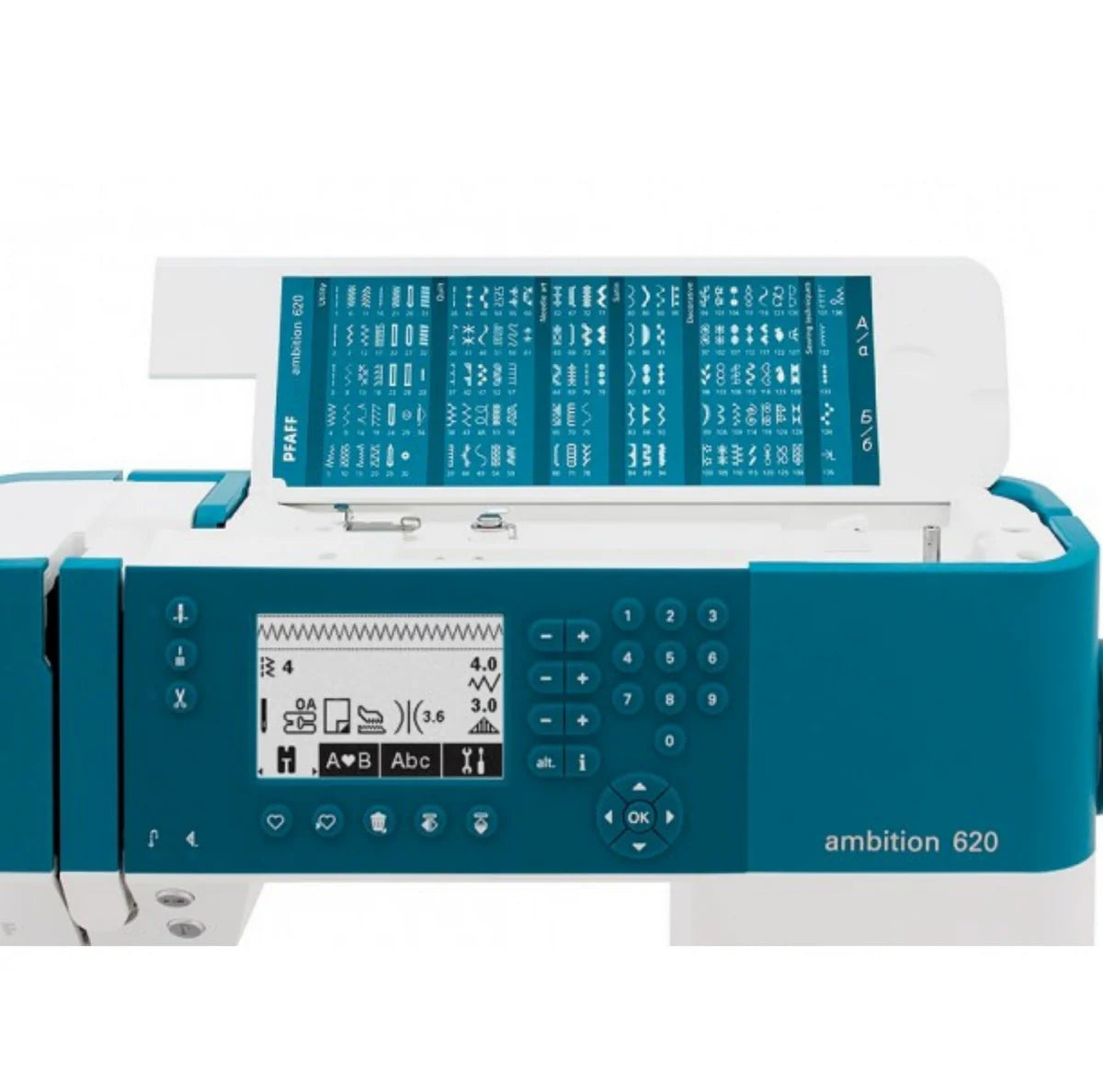 Close-up of a blue and white Quilted Joy Pfaff Ambition 620: PRE-LOVED computerized sewing machine with a digital screen, control buttons, and an open stitch guide displaying various patterns.