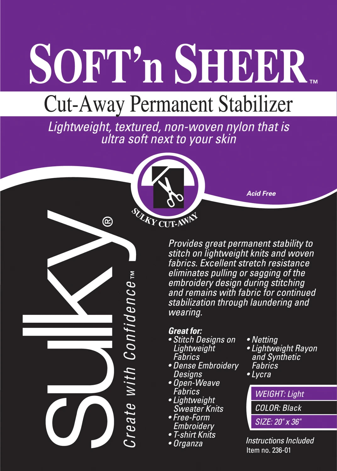 Front label of a Checker Distributor Cut Away Soft N Sheer Stabilizer Black 20in x 1yd, showing product descriptions, benefits, usage info, black color, and size details in a purple and black color scheme.