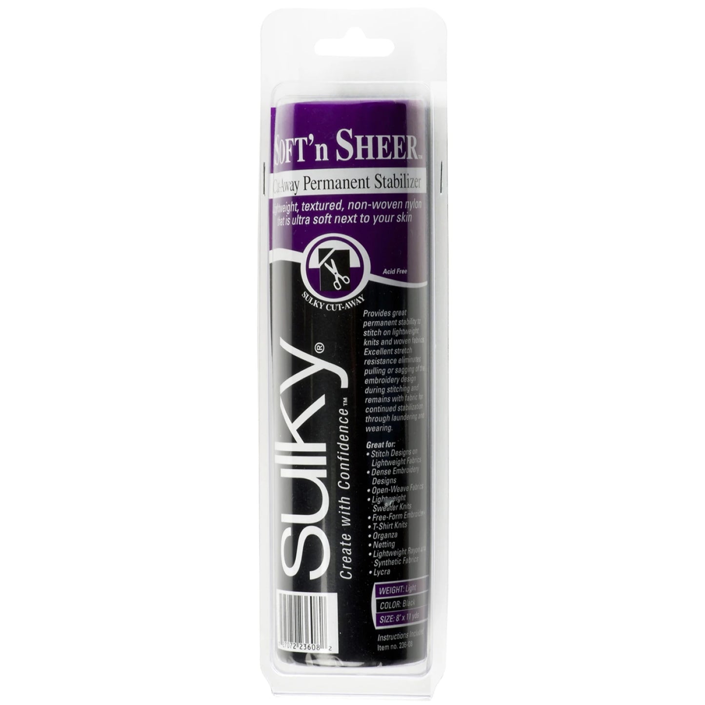 A package of Checker Distributor’s Cut Away Soft N Sheer Stabilizer Black 8in comes in a clear container with a black, white, and purple label highlighting its lightweight cut-away features and branding.