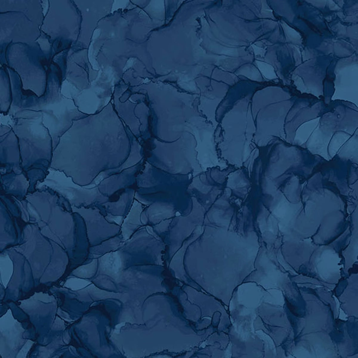Dark and light blue swirling, marble-like textures blend fluidly in a watercolor style—evoking Mirage Navy Fabric Yardage by Northcott—across the image.
