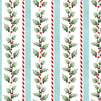 Holly Jolly White Multi Holly Stripe Fabric Yardage