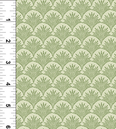 A ruler beside Shop Hop 2026 Light Green Stems Fabric Yardage by In the Beginning Fabrics displays measurements from 1 to 6 inches, illustrating the scale of its green scallop-patterned, dotted leafy design. PRESALE.