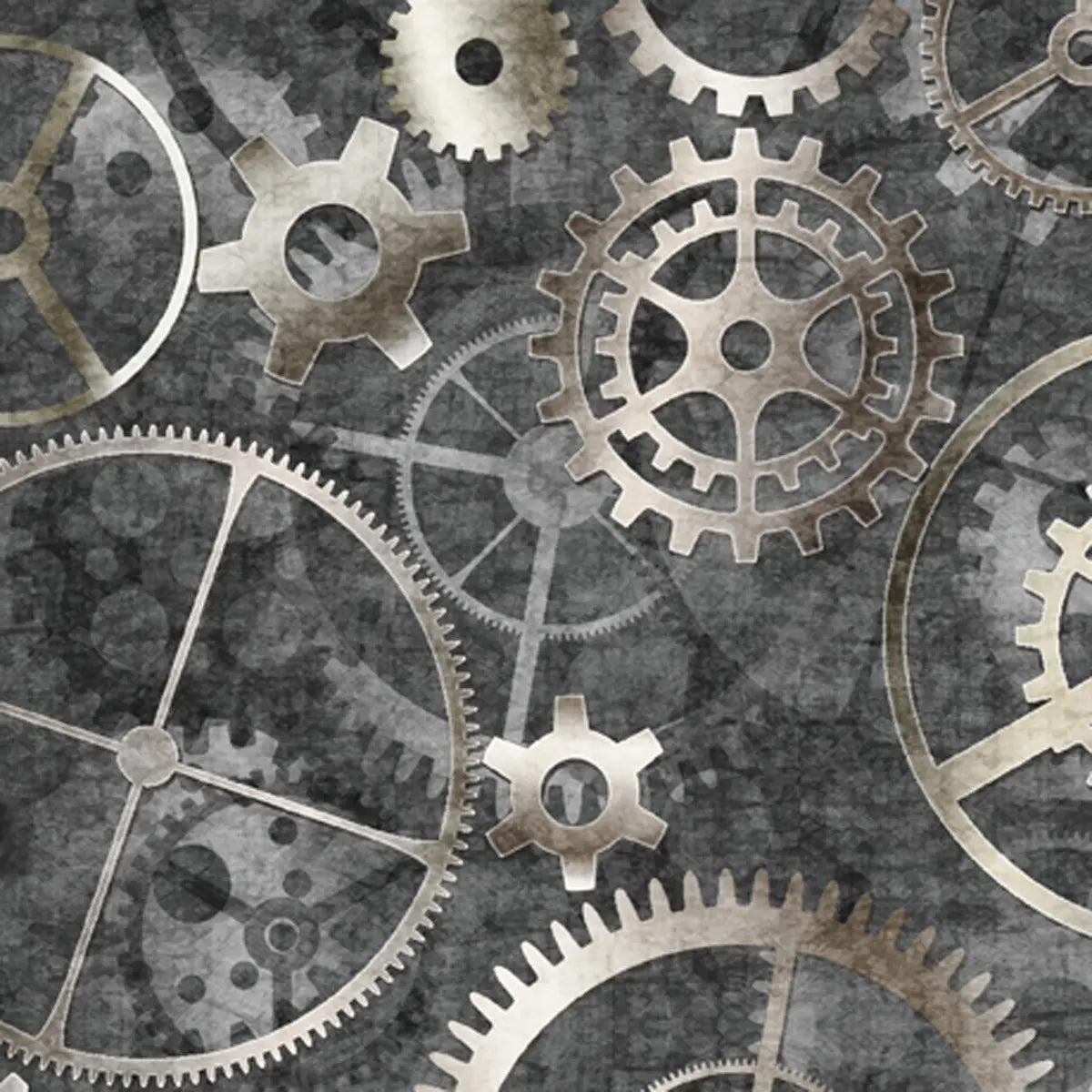 Got Your Back Charcoal Gears 108" Wide Quilt Backing Fabric features interlocking metal gears on a textured gray background, perfect for steampunk or industrial-themed quilts as backing or wide quilting fabric.